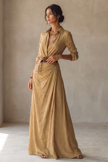 Maxikleid mit Reverskragen und Bindegürtel - Ansicht 2