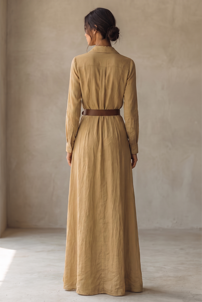 Maxikleid aus Baumwolle mit V-Ausschnitt und Bindegürtel und Langarm - Ansicht 3