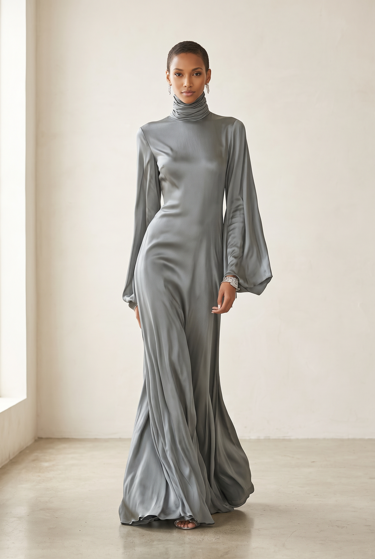 Maxikleid aus Satin mit Rollkragen und Langarm in langer Form