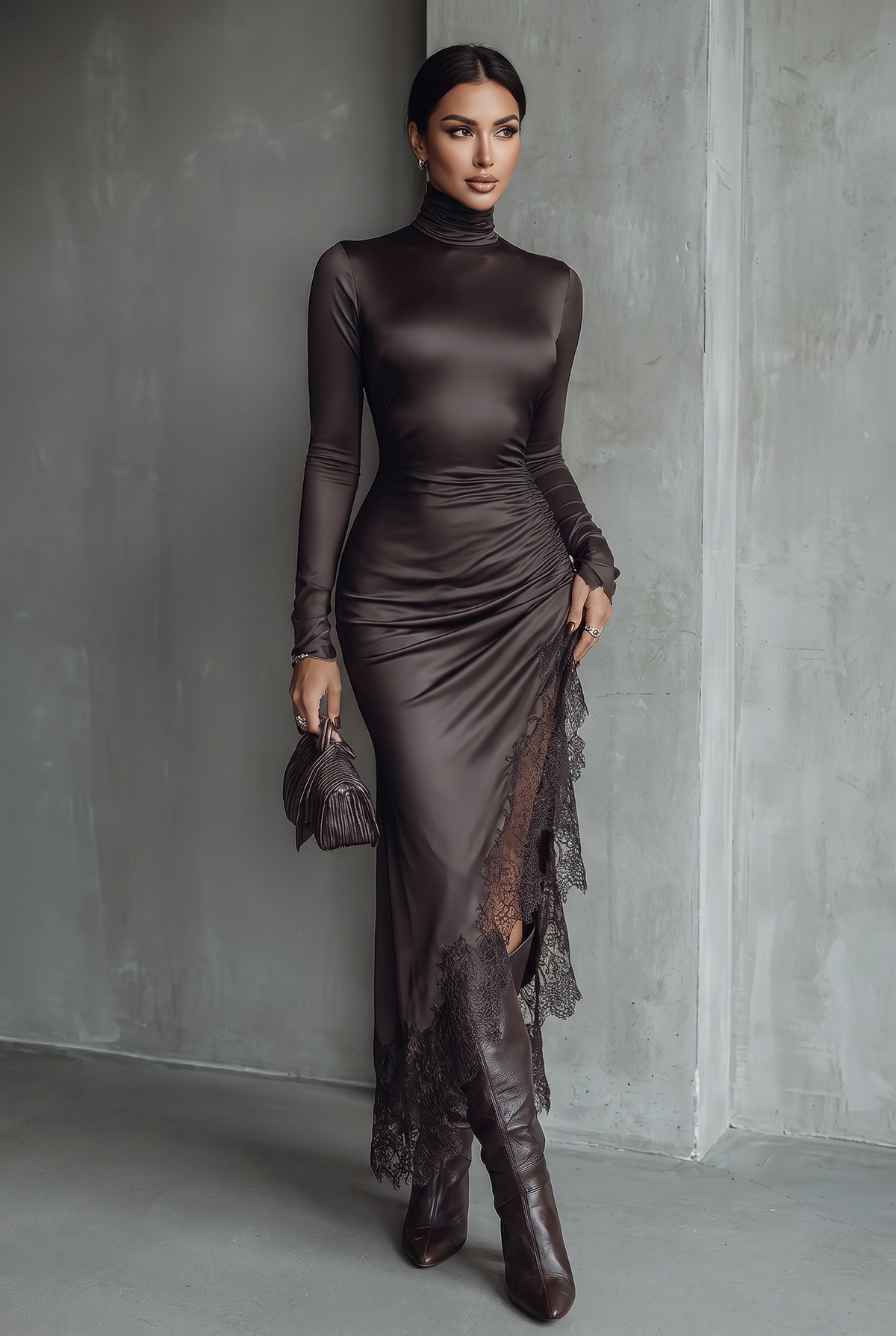 Maxikleid aus Satin mit Spitzendetails