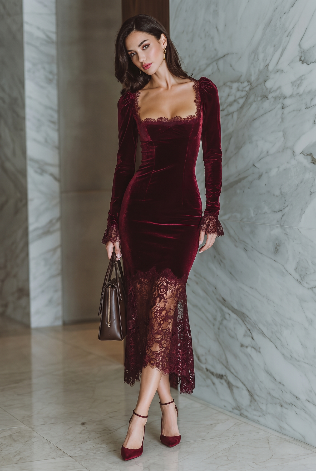 Maxikleid aus Samt mit Spitzendetails