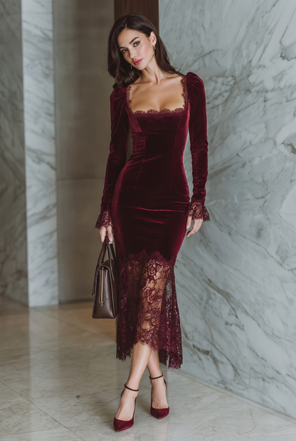Maxikleid aus Samt mit Spitzendetails