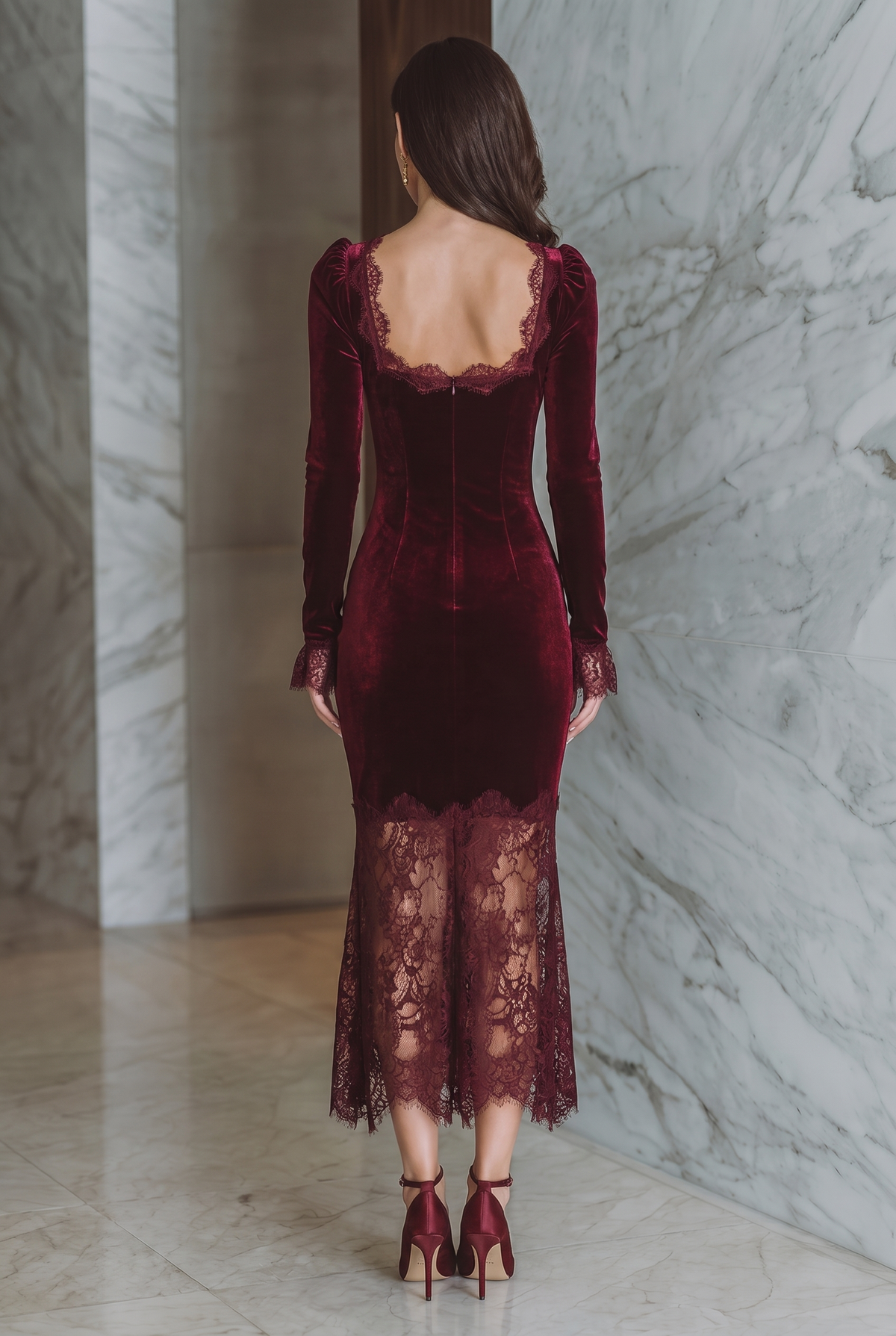 Maxikleid aus Samt mit Spitzendetails - Ansicht 2