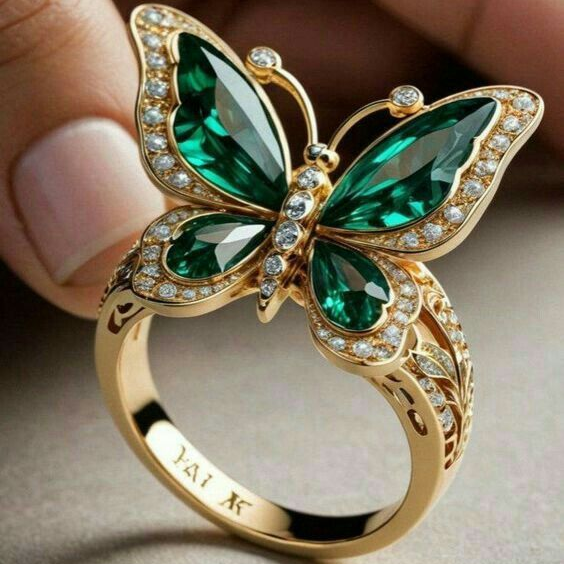 Papillon Cristallin Vert Bague Or