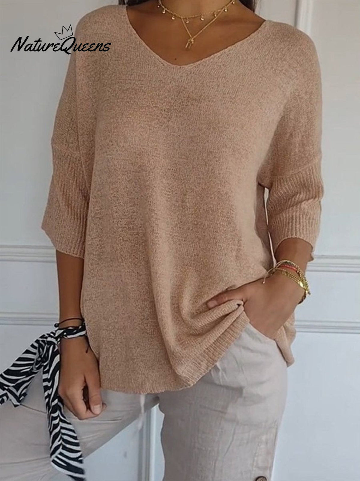 Strickpullover mit V-Ausschnitt und 3/4-Ärmeln - Ansicht 8