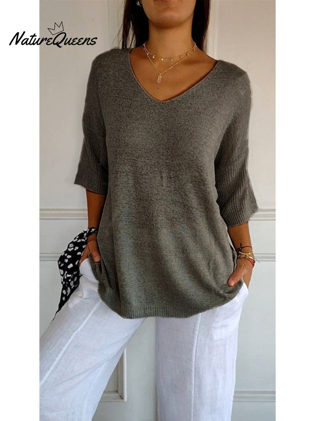 Strickpullover mit V-Ausschnitt und 3/4-Ärmeln - Ansicht 7