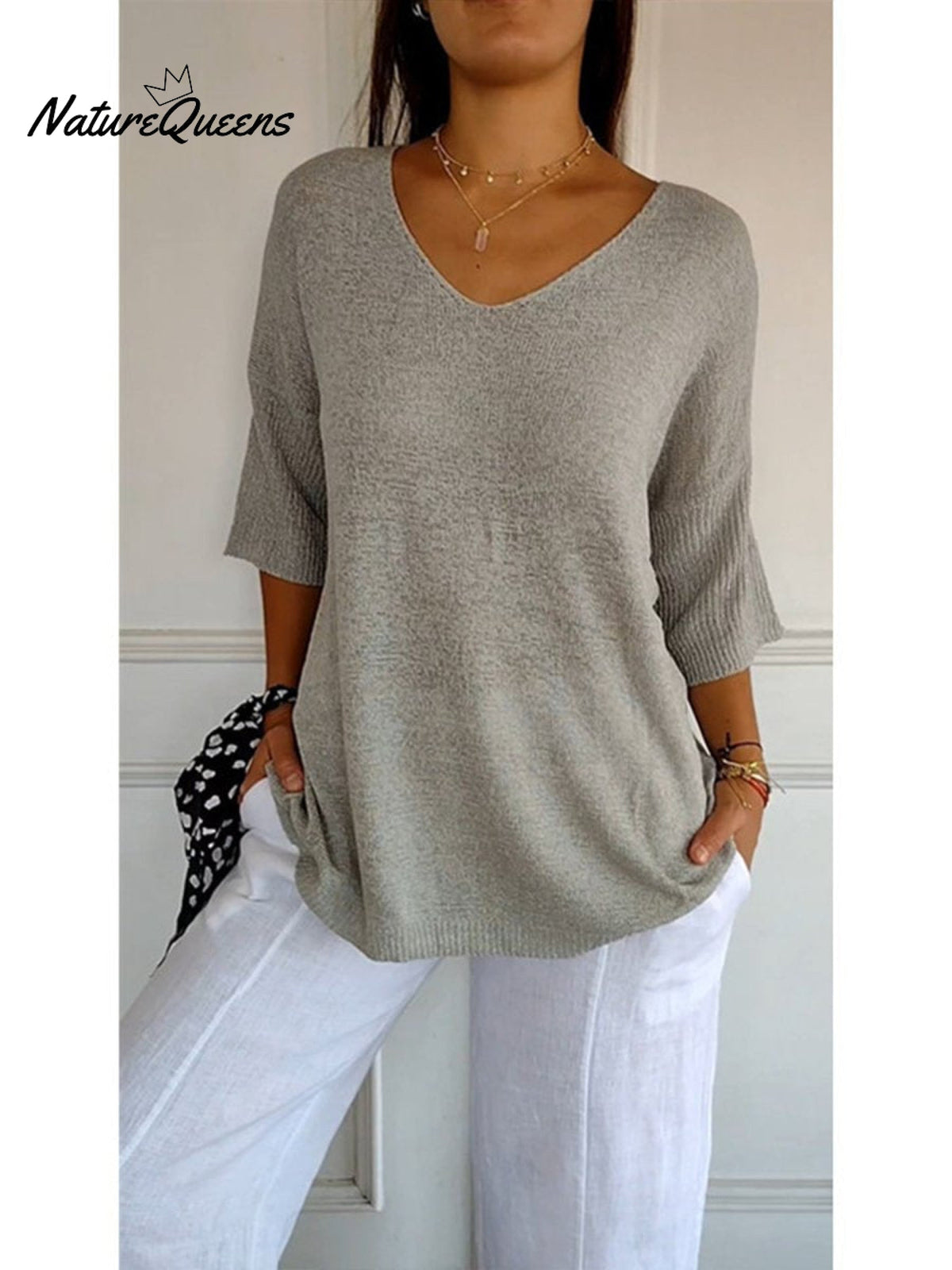 Strickpullover mit V-Ausschnitt und 3/4-Ärmeln - Ansicht 4