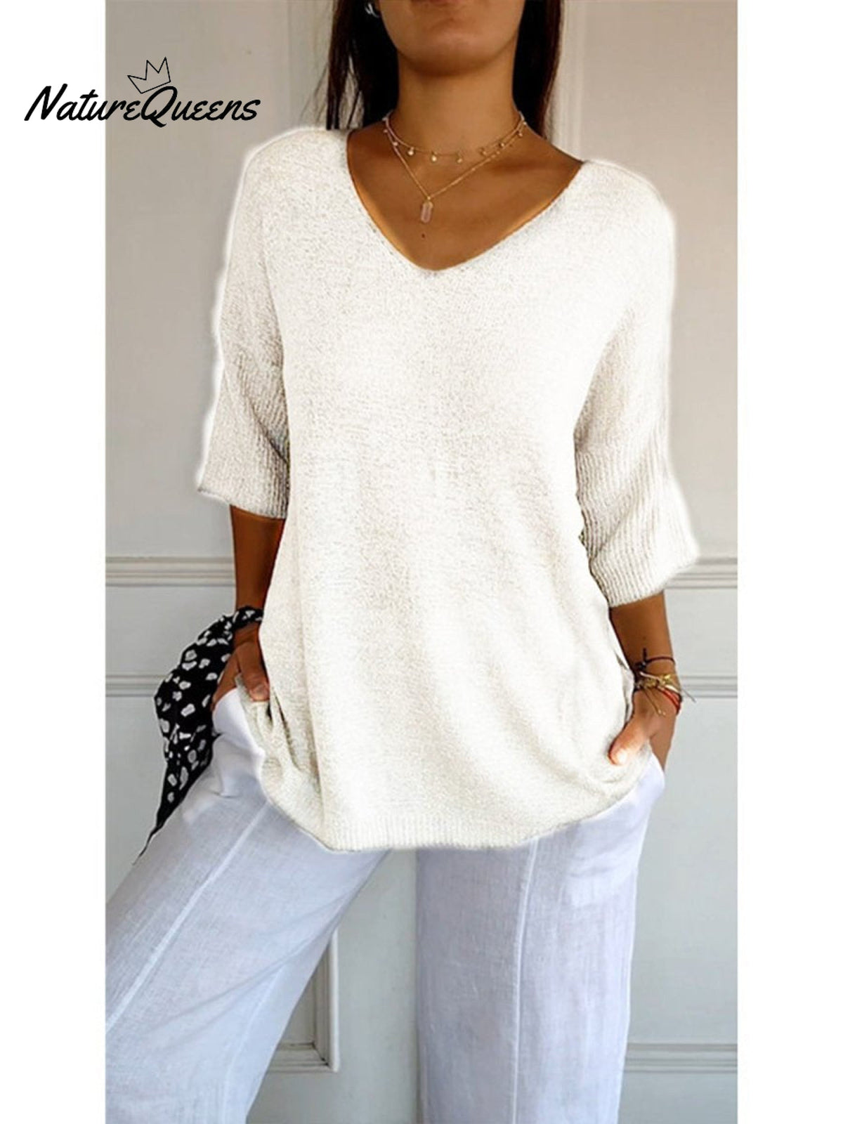 Strickpullover mit V-Ausschnitt und 3/4-Ärmeln - Ansicht 6