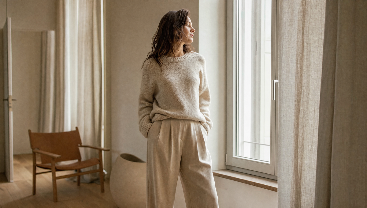 Frau in Strickpullover am Fenster