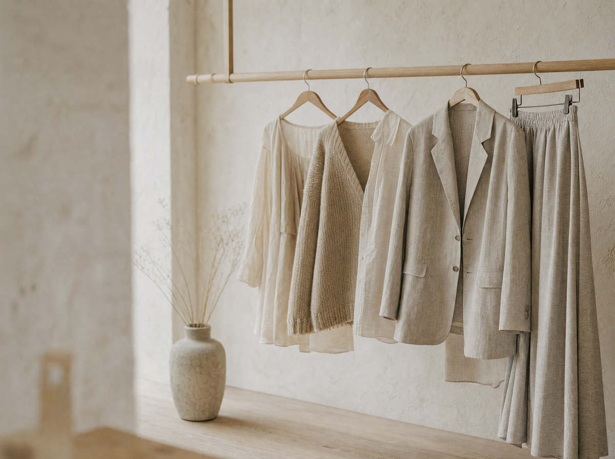 Kleiderstange mit Leinenblazer und Strickjacke