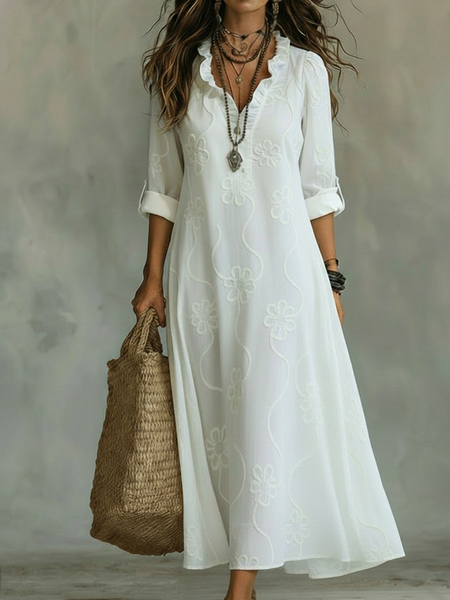 Kleid aus Baumwolle mit V-Ausschnitt und Rüschen und Langarm