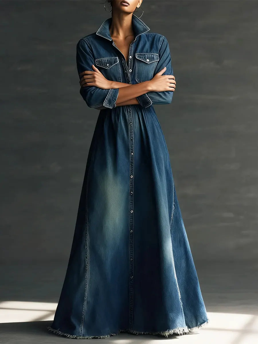 Midikleid aus Denim mit Reverskragen und Langarm - Ansicht 2
