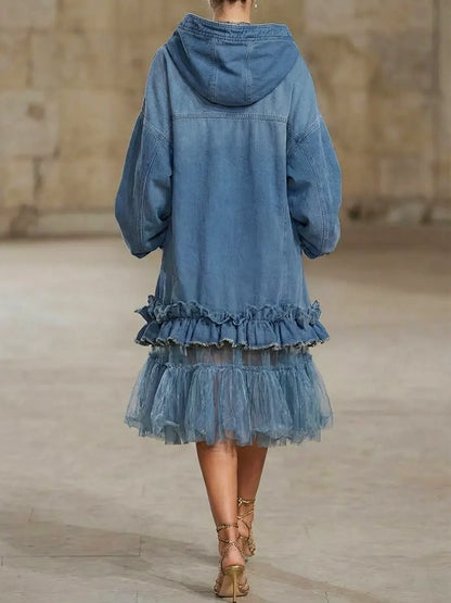 Maxikleid aus Denim mit Kapuze und Reissverschluss und Patchwork - Ansicht 2