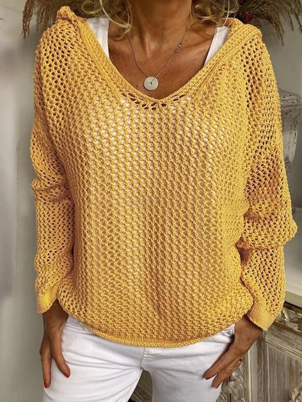 Strickpullover mit Kapuze und Langarm - Ansicht 2
