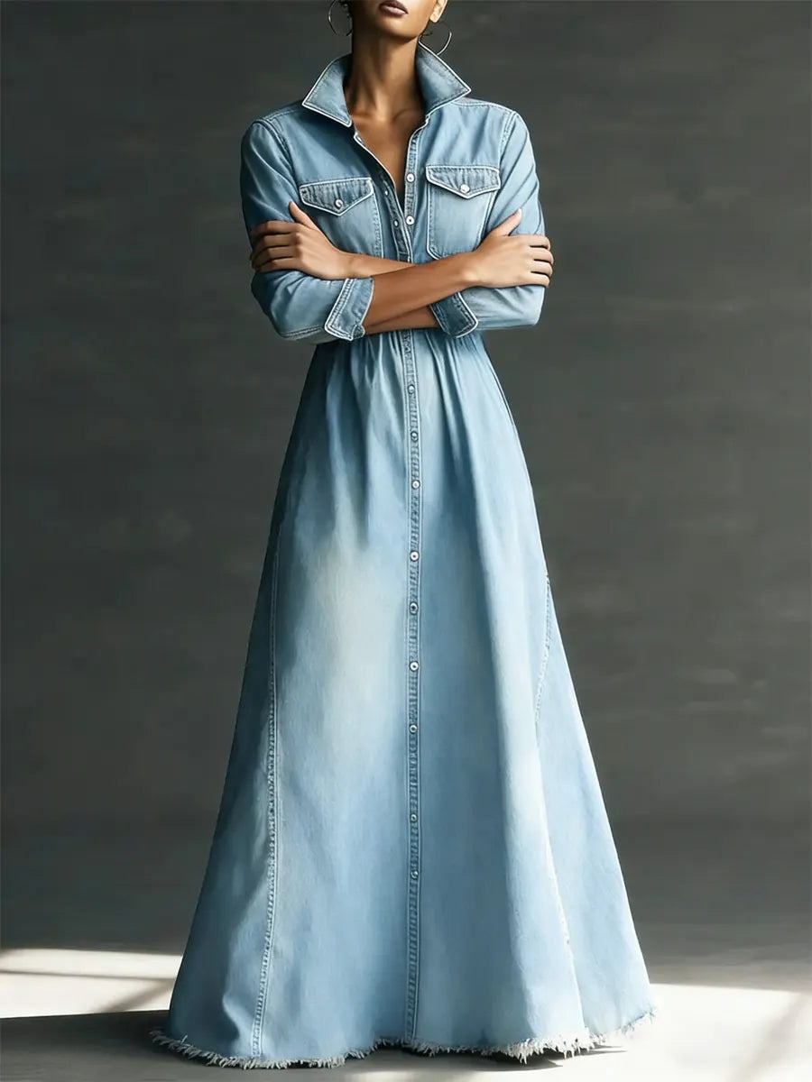 Midikleid aus Denim mit Reverskragen und Langarm - Ansicht 6