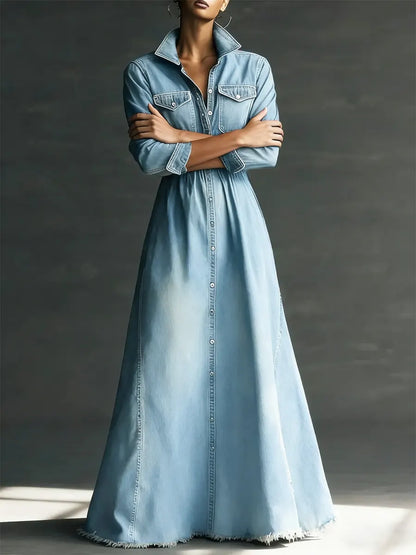 Midikleid aus Denim mit Reverskragen und Langarm - Ansicht 6