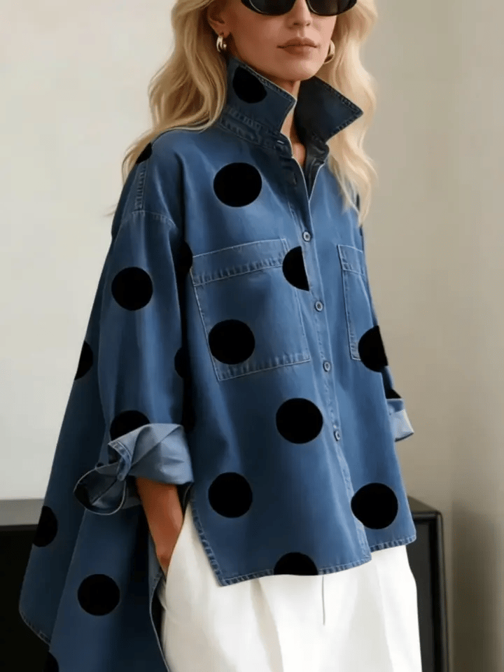 Top aus Denim mit Punktemuster und Langarm - Ansicht 2