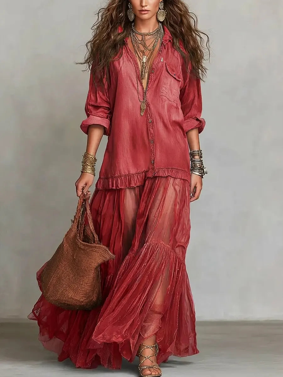 Maxikleid aus Denim mit Reverskragen und Patchwork - Ansicht 6