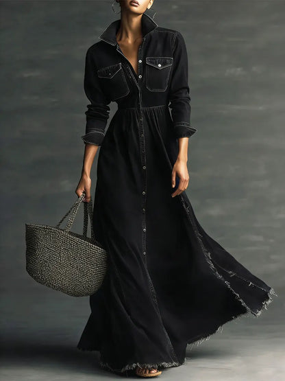 Midikleid aus Denim mit Reverskragen und Langarm - Ansicht 8