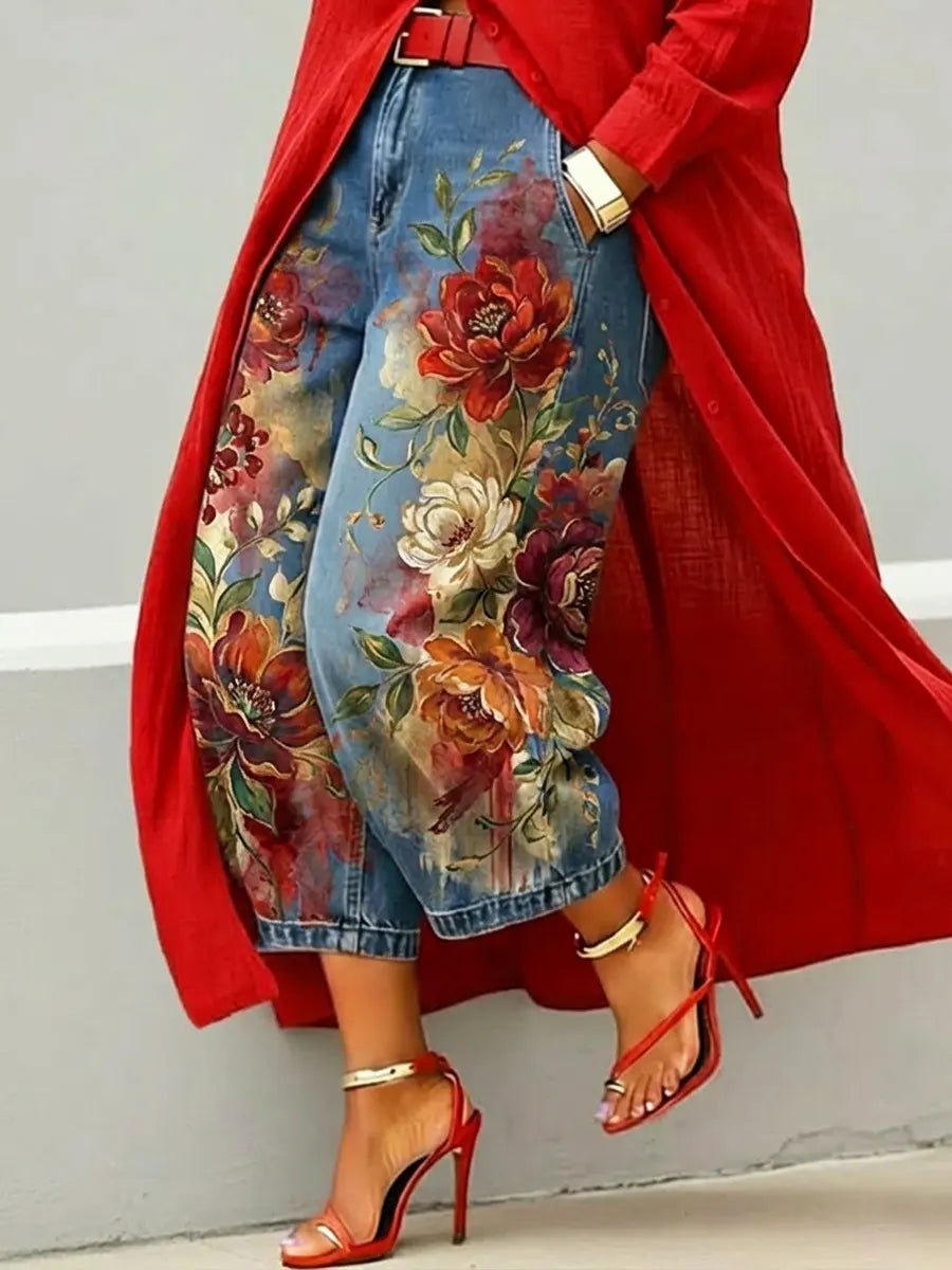 Jeans aus Denim mit Blumenmuster