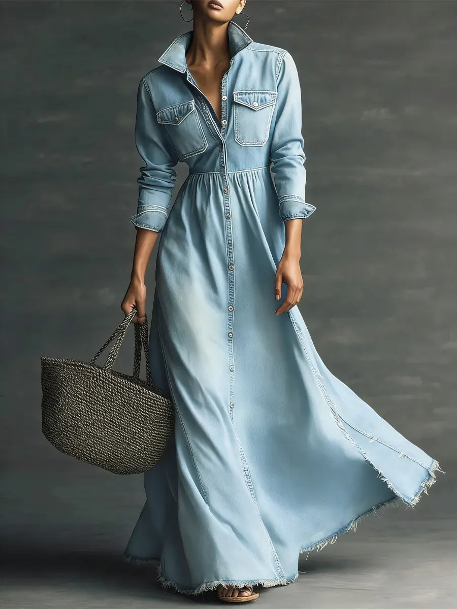 Midikleid aus Denim mit Reverskragen und Langarm - Ansicht 5