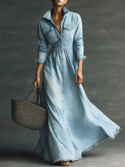 Midikleid aus Denim mit Reverskragen und Langarm - Ansicht 5
