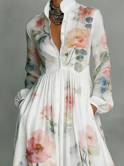 Maxikleid aus Baumwolle mit Hemdkragen und Taschen und Langarm - Ansicht 2
