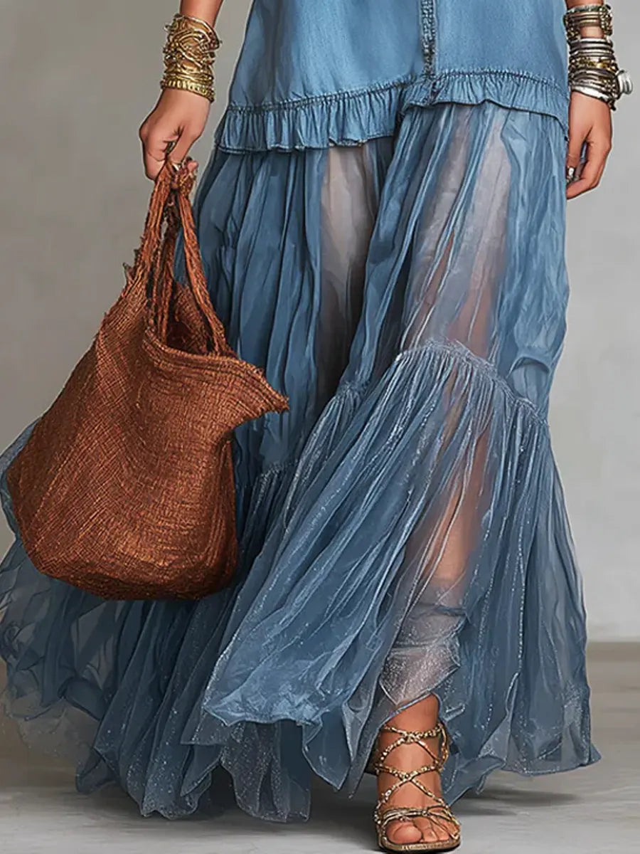 Maxikleid aus Denim mit Reverskragen und Patchwork - Ansicht 3