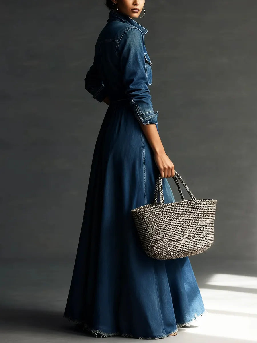 Midikleid aus Denim mit Reverskragen und Langarm - Ansicht 3