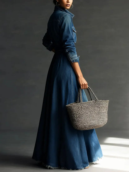 Midikleid aus Denim mit Reverskragen und Langarm - Ansicht 3