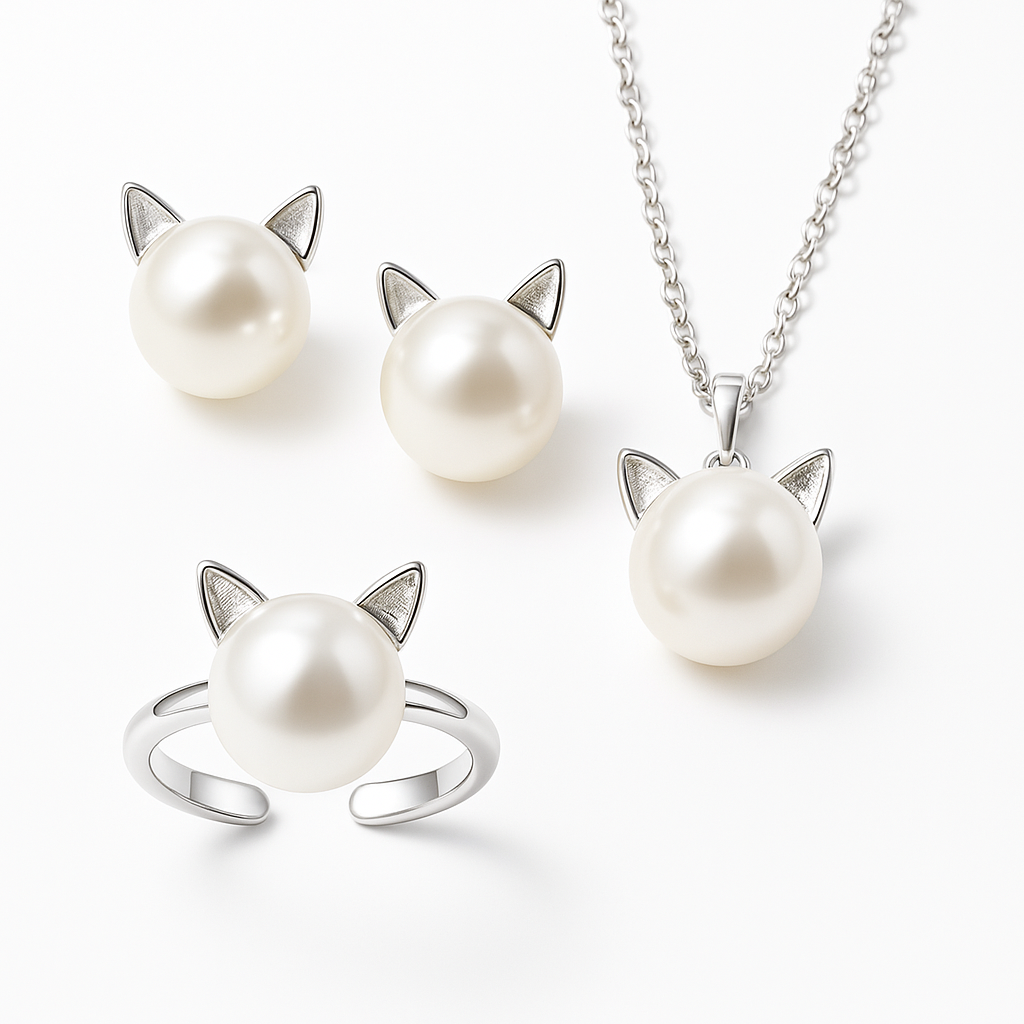 Schöne Perlen Katzen Halskette mit Ohrringen Geschenk + Ring