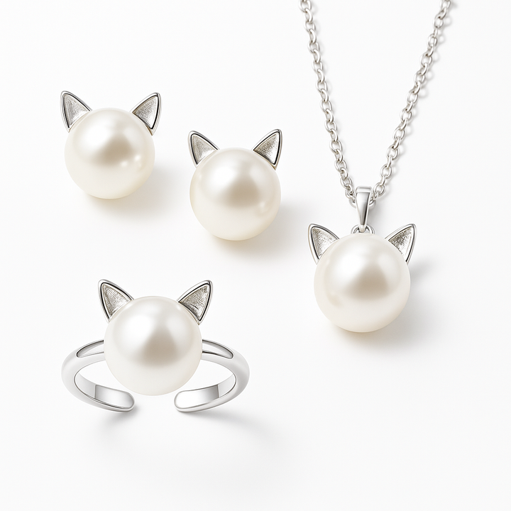 Schöne Perlen Katzen Halskette mit Ohrringen Geschenk + Ring