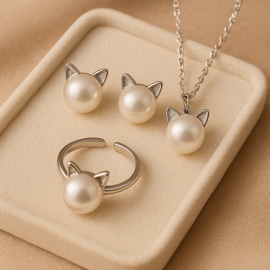 Schöne Perlen Katzen Halskette mit Ohrringen Geschenk + Ring