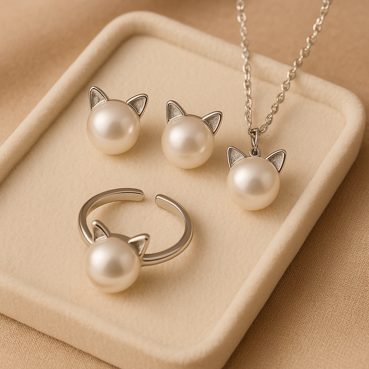 Schöne Perlen Katzen Halskette mit Ohrringen Geschenk + Ring