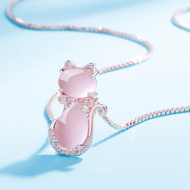Niedliche Katzen Halskette mit rosa Stein und Zirkonia