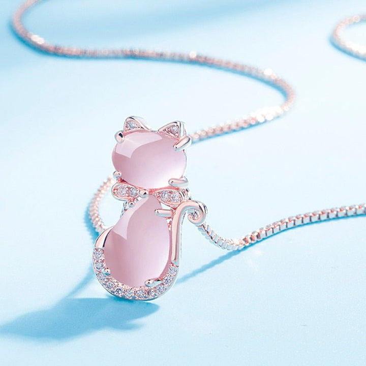 Niedliche Katzen Halskette mit rosa Stein und Zirkonia