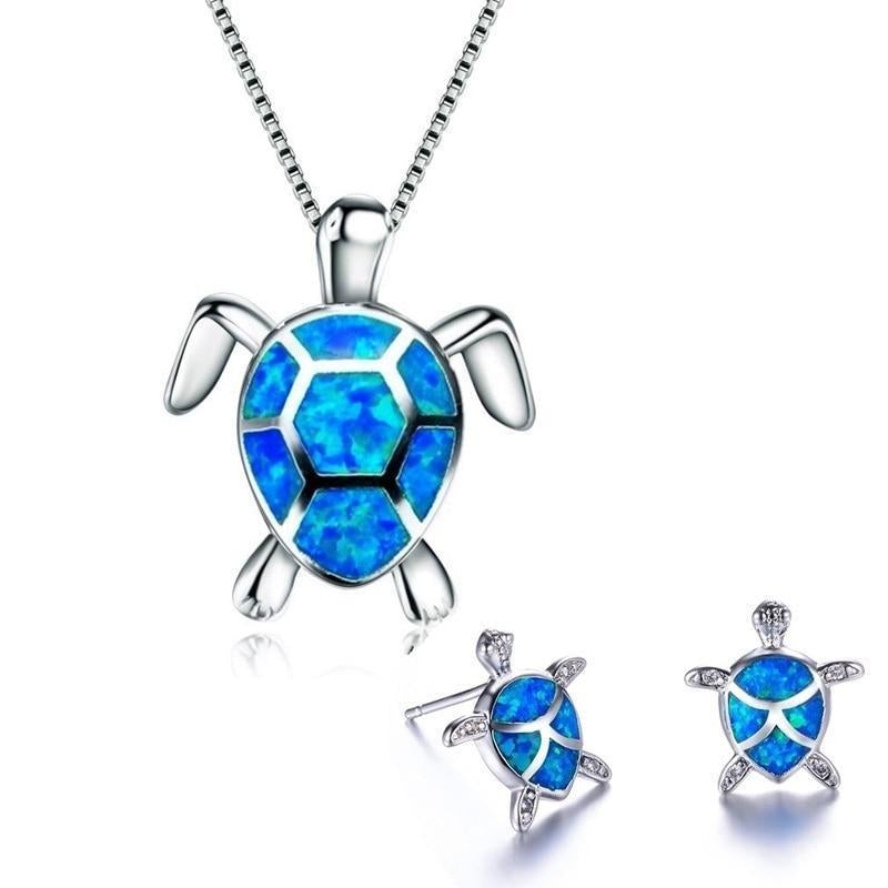 Meeresschildkröten Halskette + Ohrringe Set in Opal und Silber