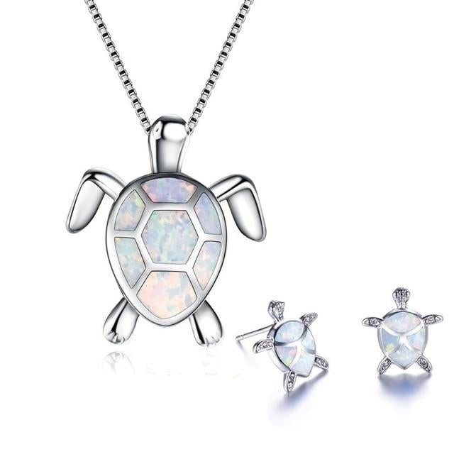 Meeresschildkröten Halskette + Ohrringe Set in Opal und Silber