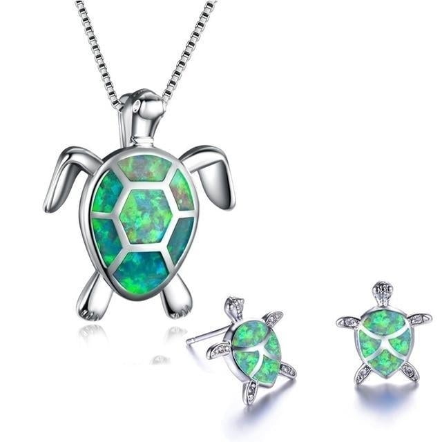 Meeresschildkröten Halskette + Ohrringe Set in Opal und Silber