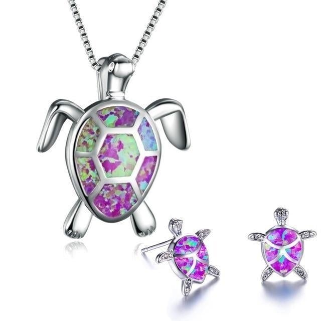 Meeresschildkröten Halskette + Ohrringe Set in Opal und Silber