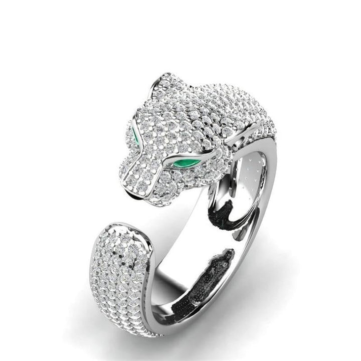 Verstellbarer Jaguar-Ring aus Silber und Roségold (18K) mit grünen Zirkonia-Augen
