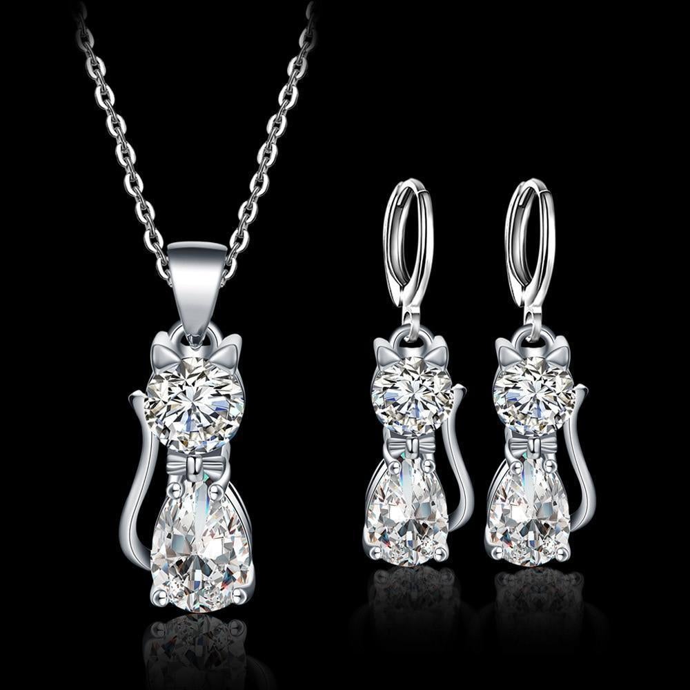 Set Halskette + Ohrringe Glückliche Katzen in Sterlingsilber und poliertem Zirkonium