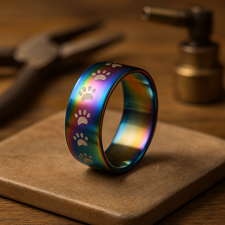 Handgefertigter Regenbogen Pfotenabdruck Ring in Edelstahl