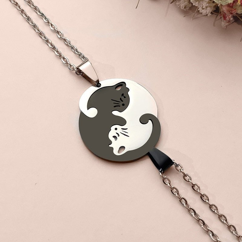 Yin Yang Katzen Halskette in Edelstahl